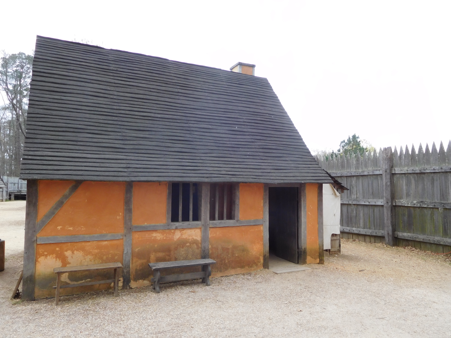 the first colonist to be executed in Virginia may have been held under guard very briefly, in a structure like this reconstructed building at Jamestown Settlement