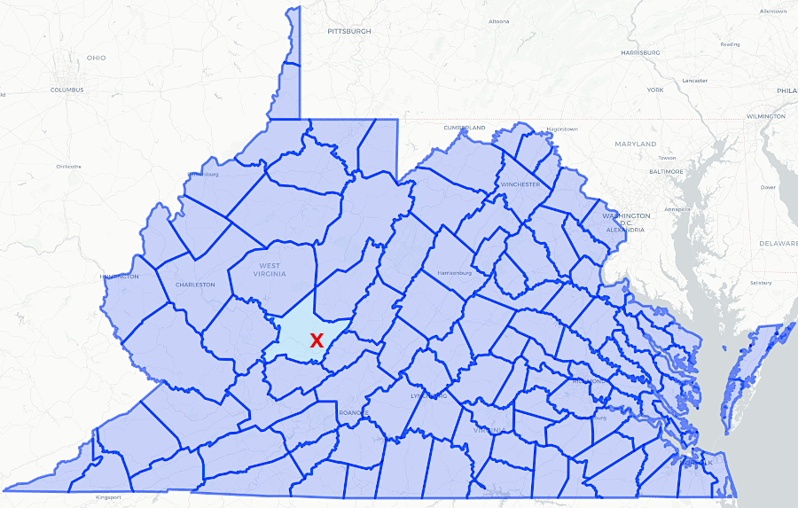 starting in 1831, the Supreme Court of Appeals started to meet west of the Blue Ridge (yellow line) at Lewisburg in Greenbrier County