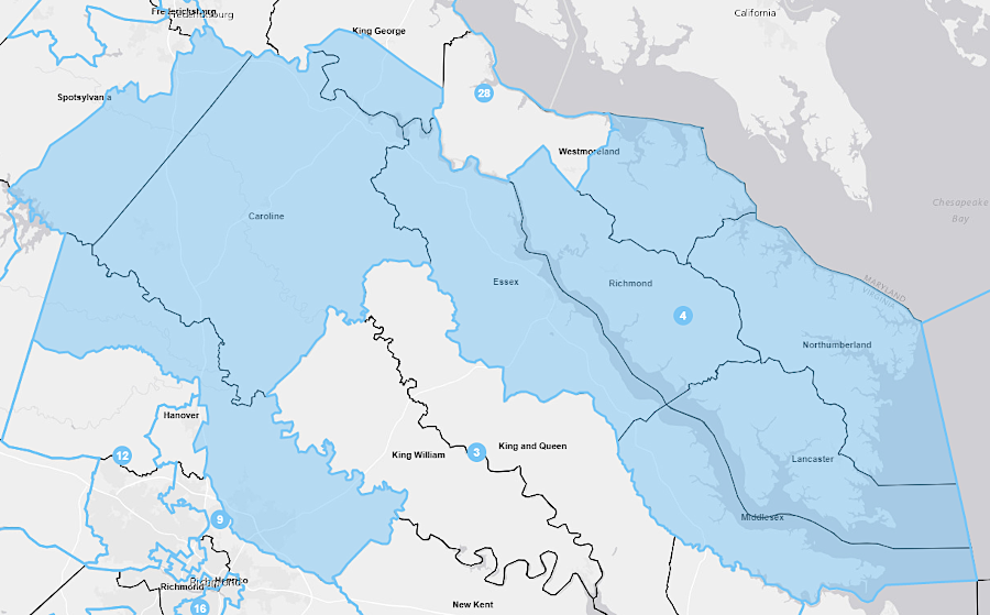 State Senate District 4, represented by Ryan McDougle in 2021, stretched across all or part of 10 jurisdictions