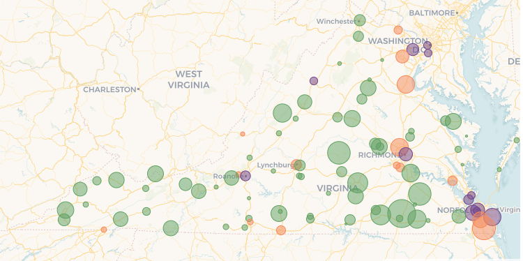 when Virginia drew 2021 election district boundaries, a new srtate law required that people incarcerated in rural prisons (top) be assigned to their last known residential address (bottom)