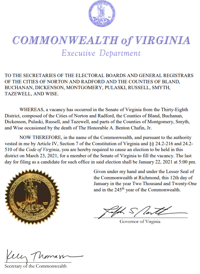 the governor schedules special elections for House of Delegates and State Senate seats, when vacancies occur and the General Assembly is not in session