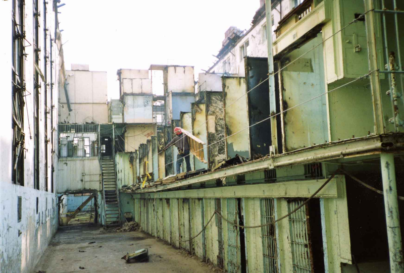 outside wall of cells in B Building, in August 1991 when demolition began