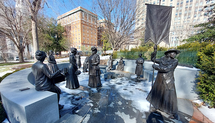 next to the State Capitol, seven bronze statues of women now stand at the Virginia Women's Monument, Voices from the Garden