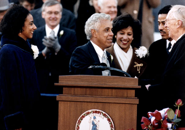 in 1990, Governor Wilder was sworn in as governor on the south steps of the State Capitol (Supreme Court Justice Lewis Powell, on right, administered the oath)