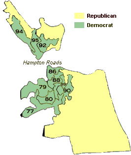 Tidewater - map of House of Delegates districts, by political party