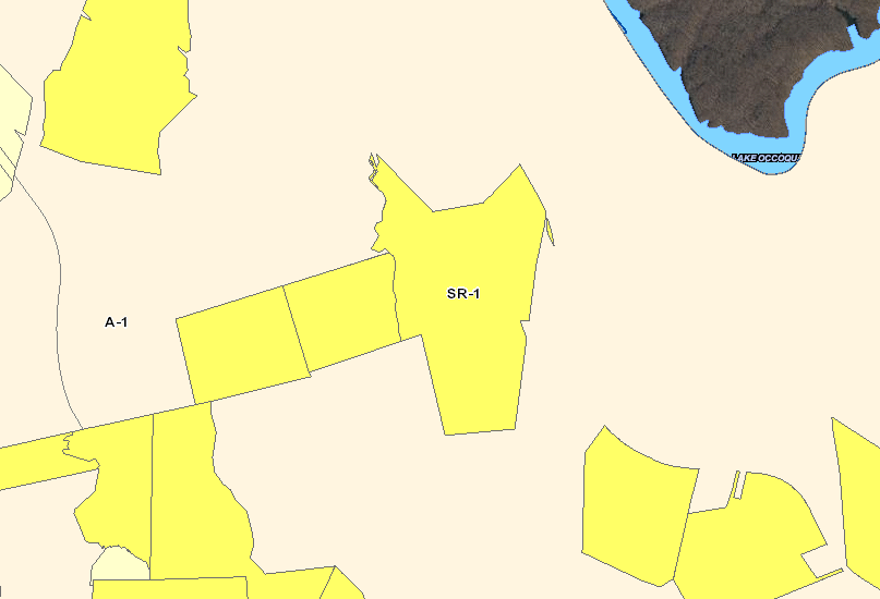 A-1 zoning, requiring 10-acre lots, surround the SR-1 zoning on Crooked Creek Road