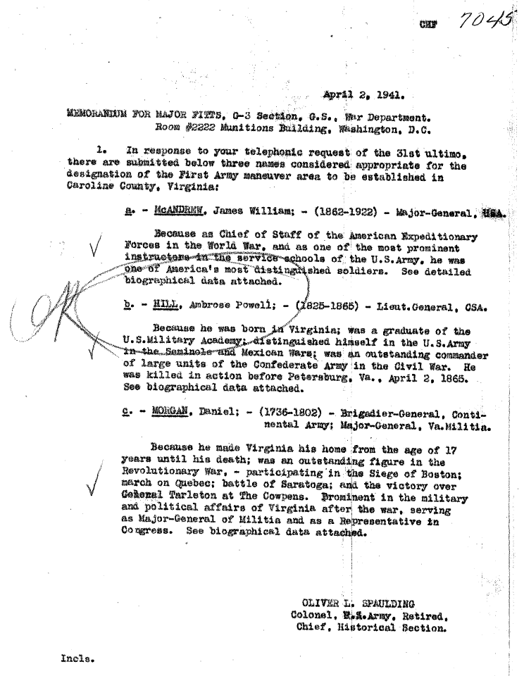 two alternative names were considered before the US Army named Fort A. P. Hill in 1941