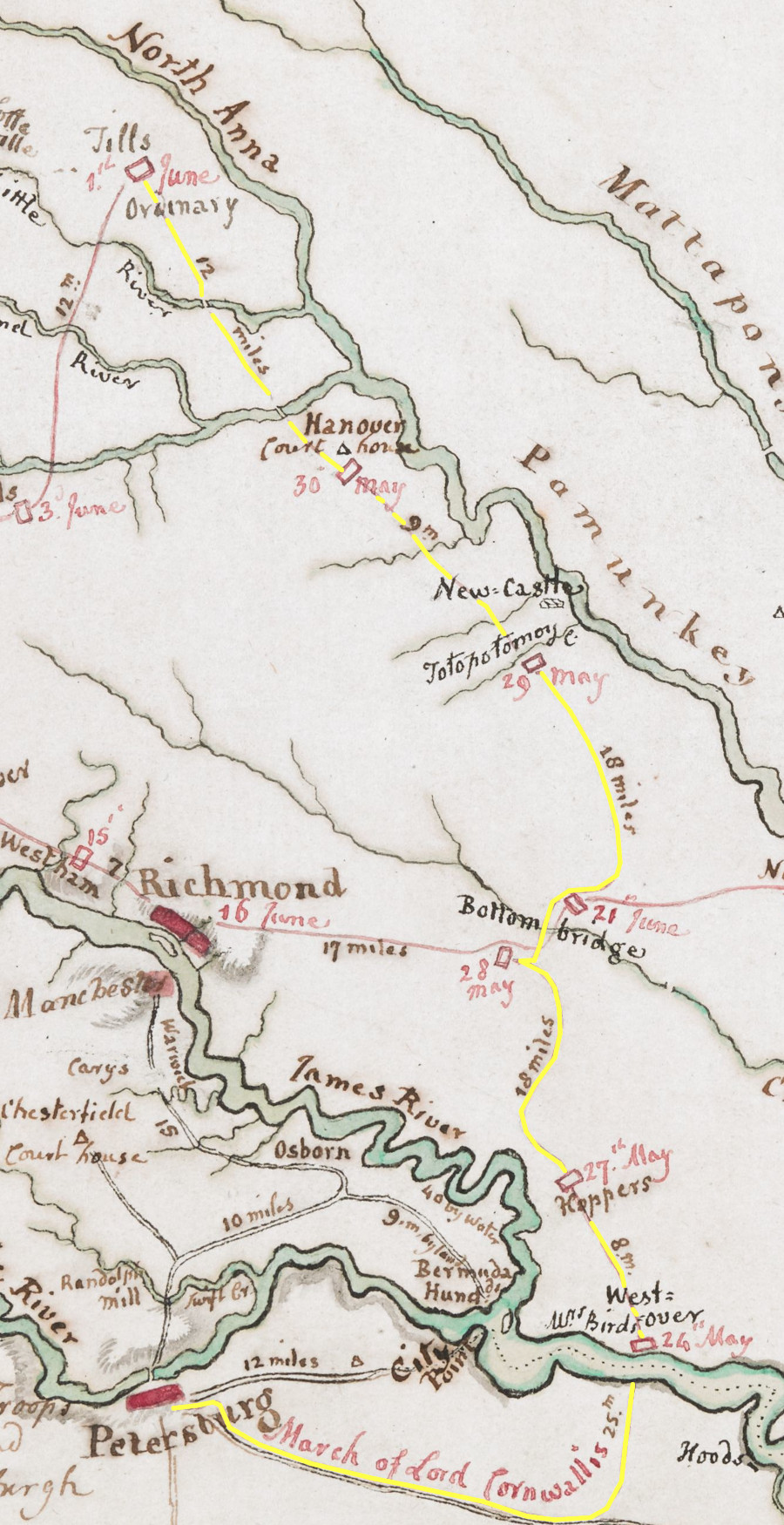 Cornwallis marched from Petersburg to the North Anna River (yellow line), while Lafayette avoided any engagement in which his force of Continentals and Virginia militia might be destroyed
