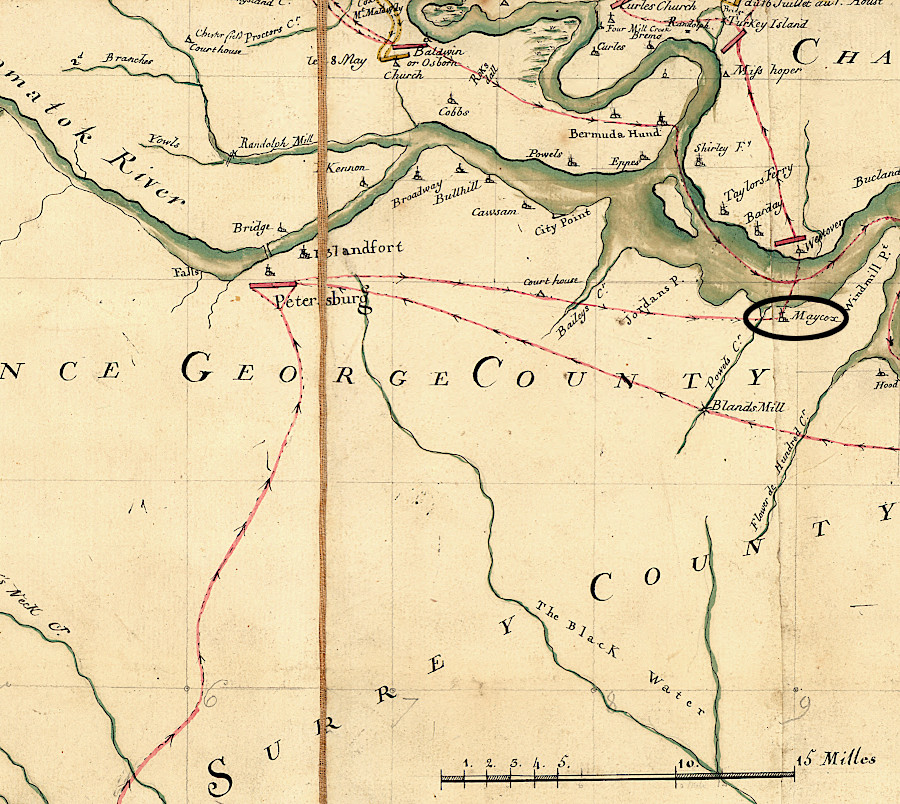on May 24, 1781 Cornwallis marched from Petersburg to Maycox plantation in King George County and then crossed James River to Westover plantation