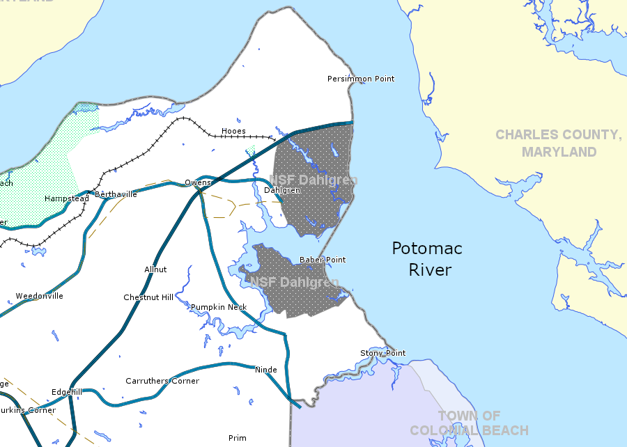 Naval Support Facility Dahlgren is located in King George County, on both sides of Machodoc Creek