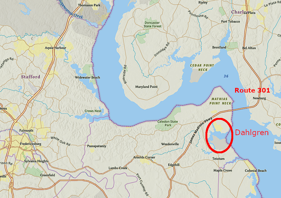 the Harry Nice (Route 301) bridge allows Maryland residents to access Dahlgren, but Fredericksburg is the nearest city