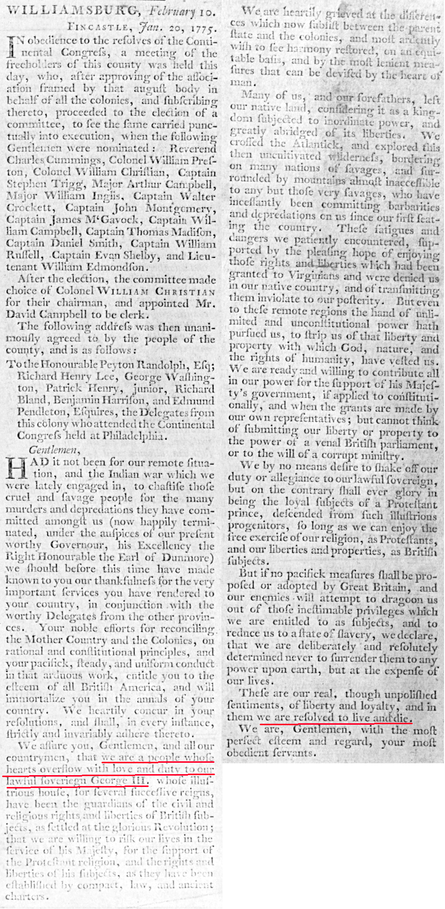 leaders in Fincastle County said they were loyal to King George III, but were still resolved to live and die for their liberties