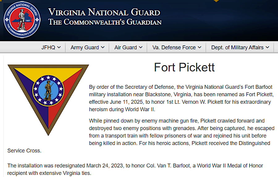 Fort Barfoot quickly revised its website and address to acknowledge the name change back to Fort Pickett in 2025