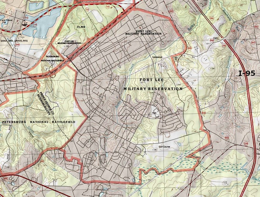 Fort Lee/Fort Gregg-Adams is located between I-95 on the east and Petersburg National Battlefield on the west