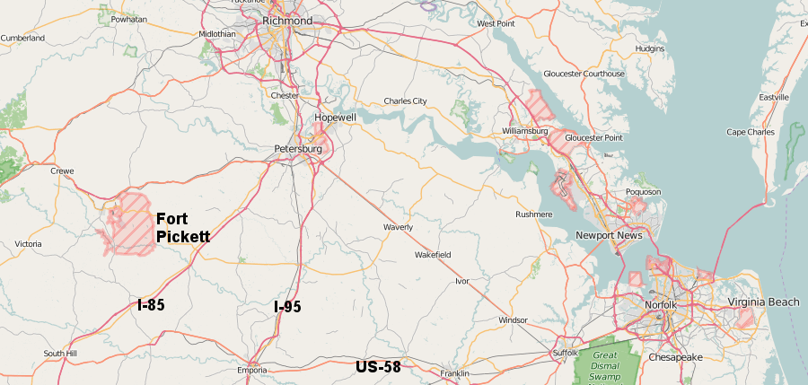 Fort Pickett was located where farms and forested land could be acquired quickly, and close to the embarkation port at Newport News from which soldiers and equipment were shipped to Europe and New Guinea