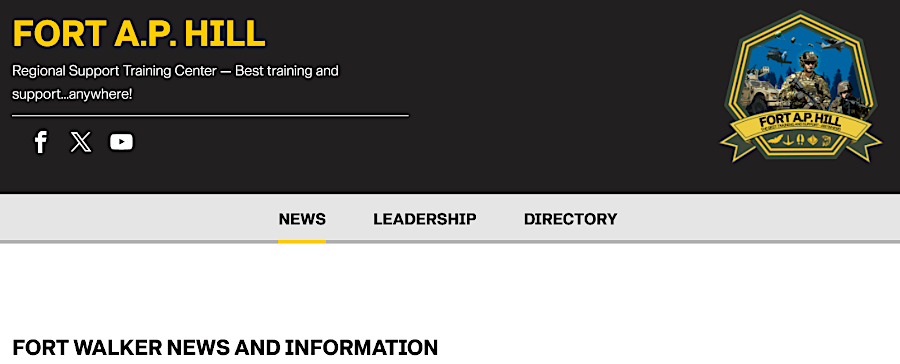 banner of Fort A.P. Hill/Fort Walker website changed with the name of the facility (August 19, 2023, June 13, 2025, June 19, 2025)