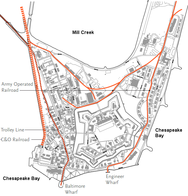 Fort Monroe once had a Chesapeake and Ohio rail terminal, a trolley on Ingalls Street, and a US Army railroad to service the Endicott batteries