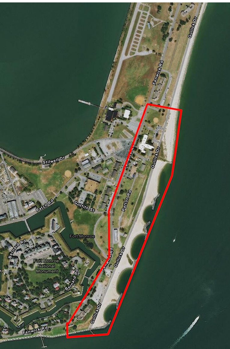 the Trump Administration declined the donation of land (red polygon) to connect two sections of Fort Monroe National Monument