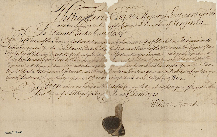 Daniel Park Custis (first husband of  Martha Custis Washington, George Washington's wife) was appointed by Governor Gooch to be Lieutenant Colonel of the New Kent County militia in 1740