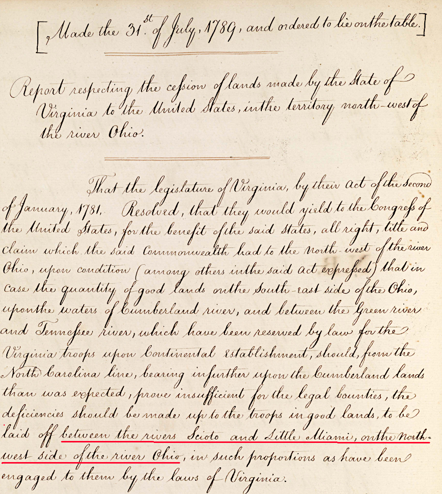 a 1789 US Congress report documented the location of the Virginia Military Reserve in Ohio