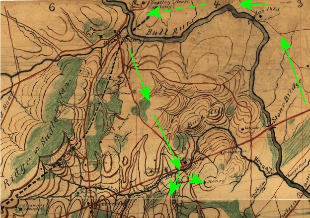 map showing Union path of attack  to Henry Hill and Chinn Ridge on July 21, 1861 at First Battle of Manassas