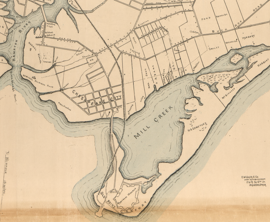 Fortress Monroe in 1892, before peninsula was expanded by landfilling and accretion