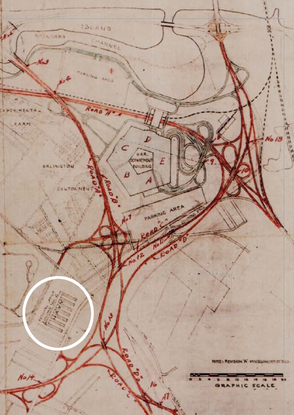 the Navy Annex and the Pentagon shared the same upgraded road network (red lines)