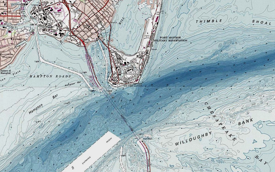 the shipping channel is close to Point Comfort/Fort Monroe