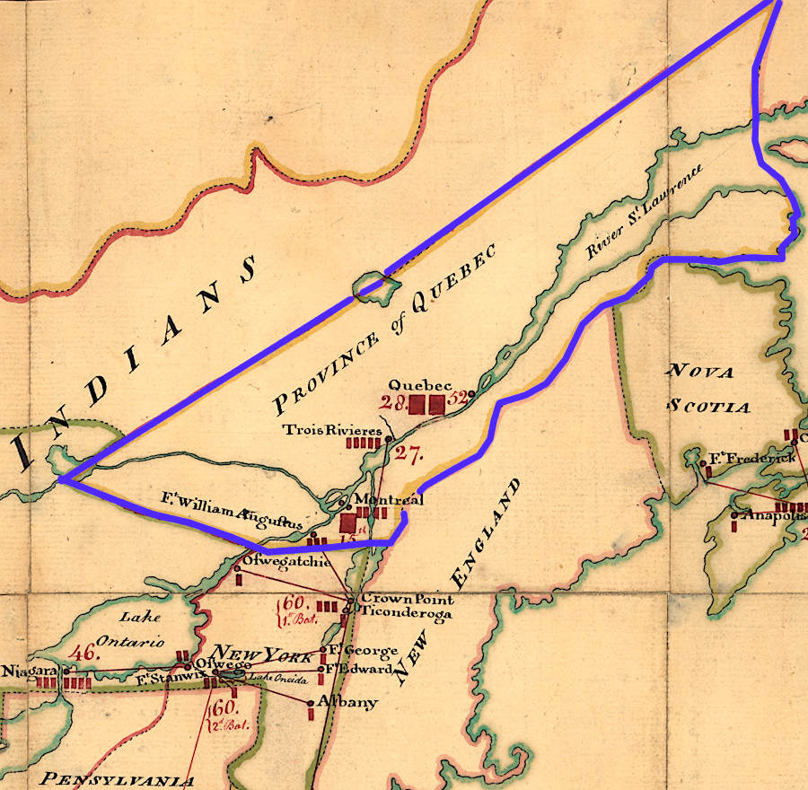the boundaries of the new English colony of Quebec, established in 1763, were far to the north of western lands claimed by Virginia