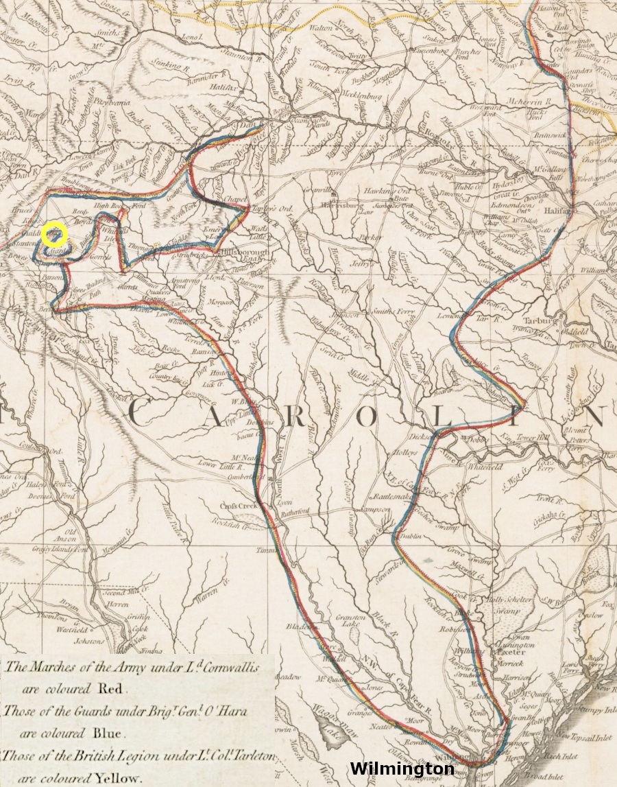 General Cornwallis marched from Guilford Courthouse (yellow circle) to Wilmington, then north to Petersburg