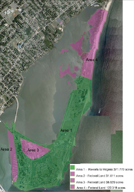 the Department of Defense calculated that three spots on Point Comfort with a total of 193 acres were not subject to automatic reversion to Virginia, and an act of Congress was required to resolve the dispute over Area 2 and Area 3