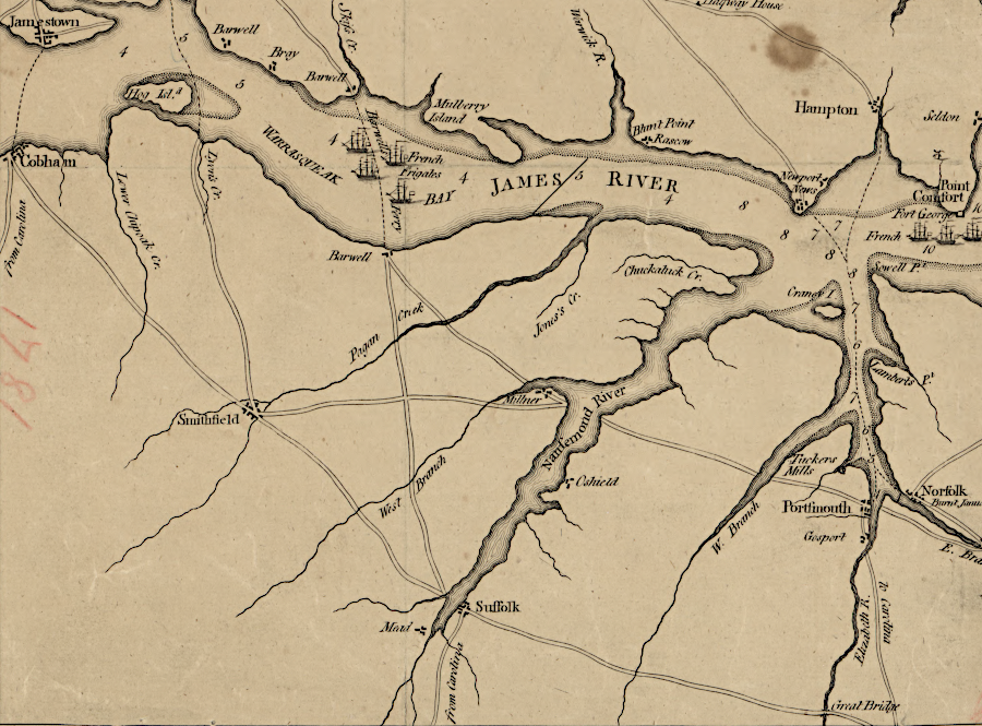 after raiding Richmond in January 1781, Benedict Arnold transported his troops down the James River to a spot 12 miles from Smithfield and marched to Portsmouth