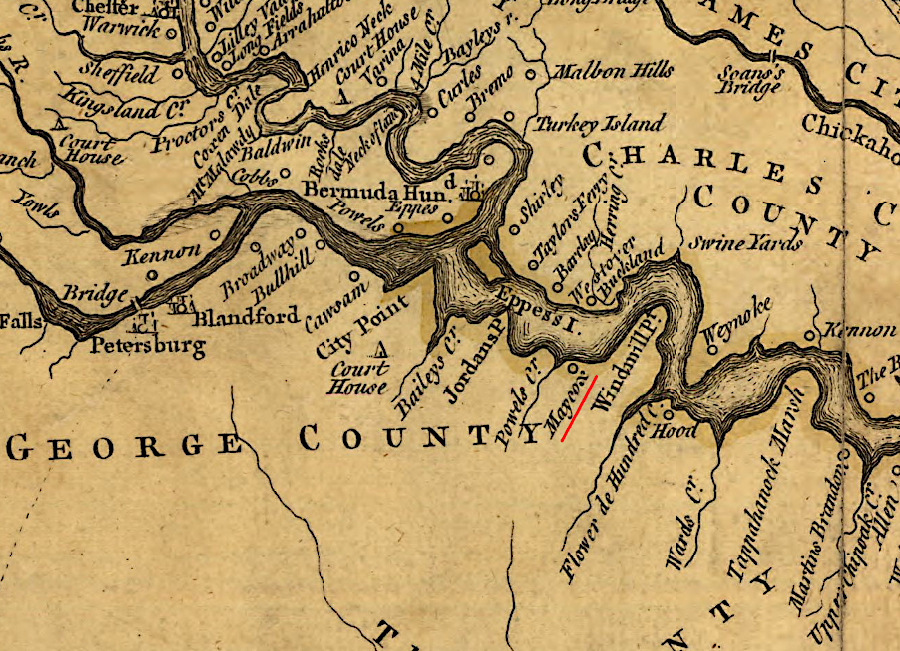 on May 24, 1781, Cornwallis marched from Petersburg to Maycox plantation, then crossed the James River to Westover