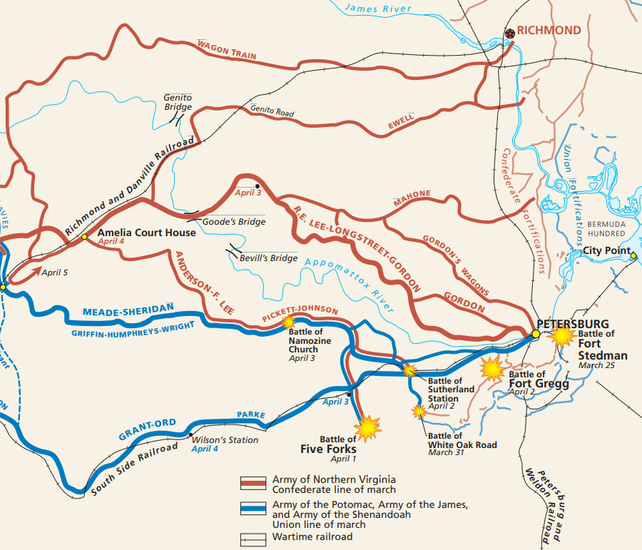 Confederate forces evacuated Richmond and Petersburg on the night of April 2, planning to meet at Amelia Court House