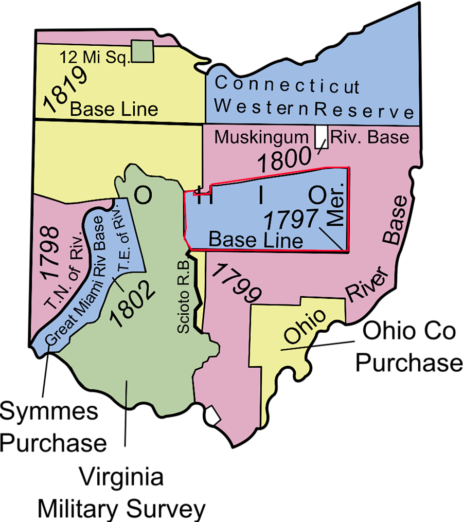 the United States Military District (red line) was created in the Land Ordinance of 1785
