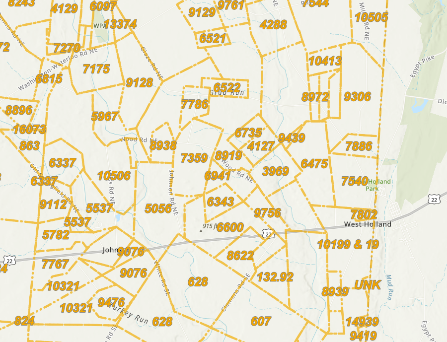 land patents in the Virginia Military District in Ohio were surveyed using metes and bounds, not the rectangular Public Land Survey System adopted by the Federal government