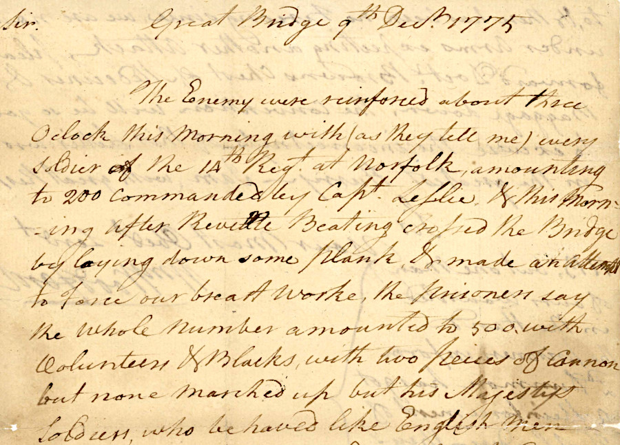 Colonel William Woodford reported his defeat of the 24th Regiment at Great Bridge to Edmund Pendleton, President of the Fourth Virginia Convention