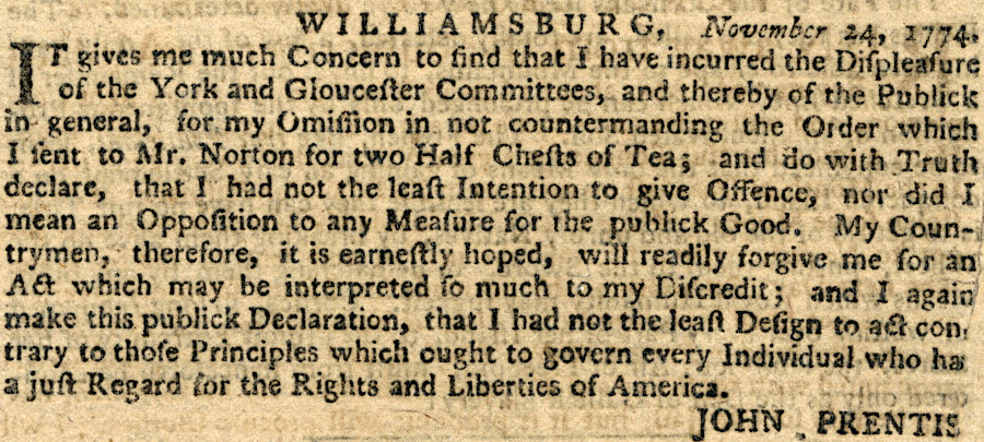 residents of Yorktown dumped tea into the river on November 7, 1774 and forced the merchant to apologize for trying to import it
