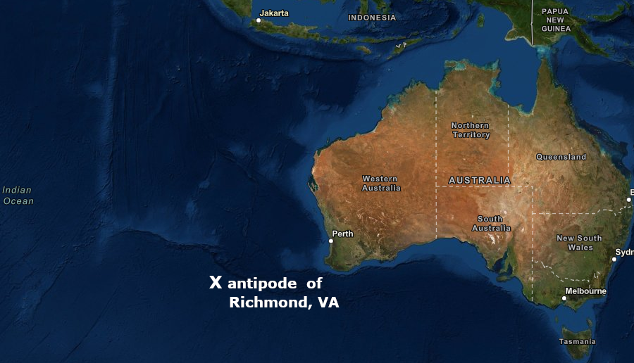 Richmond is at 37.5407° latitude, -77.4360° longitude and its antipode is -37.540700° latitude, 102.564000° longitude