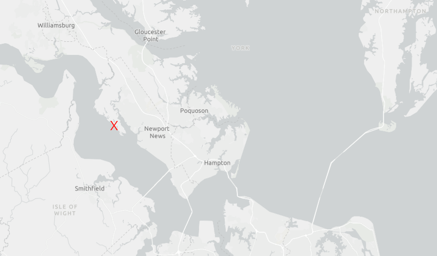 pirates could have sailed up the James River to hide treasure on Mulberry Island (red X)