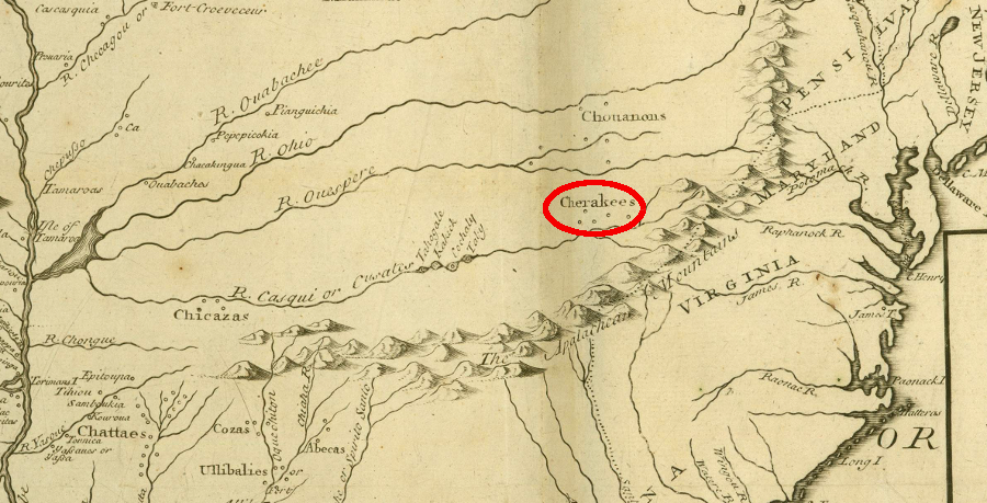 though the geography of the lands west of the Appalachians was unclear in 1722, the first English map of the Mississippi River valley showed the location of the Cherokee