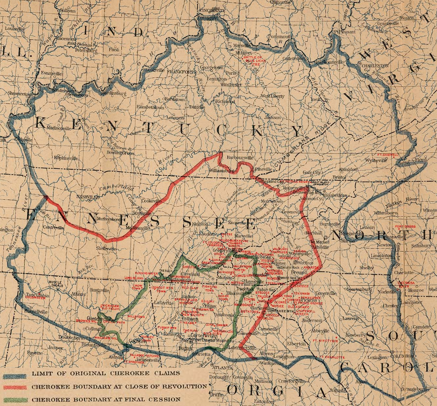 the Smithsonian Institution's Nineteenth Annual Report of The Bureau of American Ethnology 1897-98 outlined the reduction of territory claimed by the Cherokee