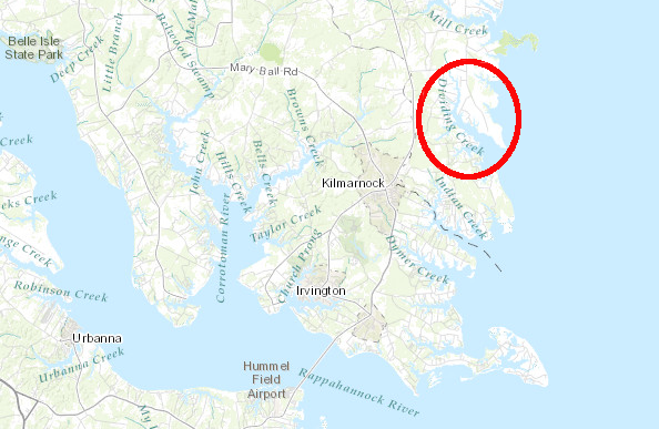 the Wiccocomico reservation was on the north bank of Dividing Creek in Northumberland County