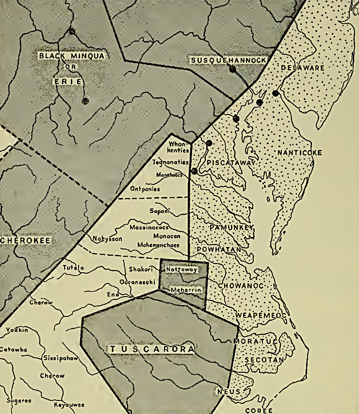 the Erie and the Massawomecks may have morphed into the Black Minquas, one of several Iroquoian-speaking groups who lived in the shaded areas