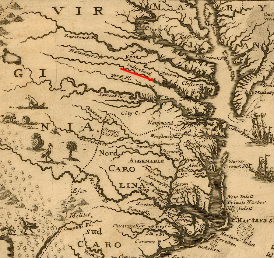 Carolina Proprietors produced a map in 1709 that omitted Virginia settlements but highlighted Indian Land, to steer immigrants to Carolina instead