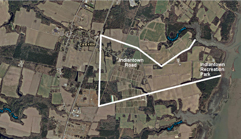 from Eastville to the Indiantown Recreation Park, Indiantown Road cuts through the center of the former Gingaskin Reservation