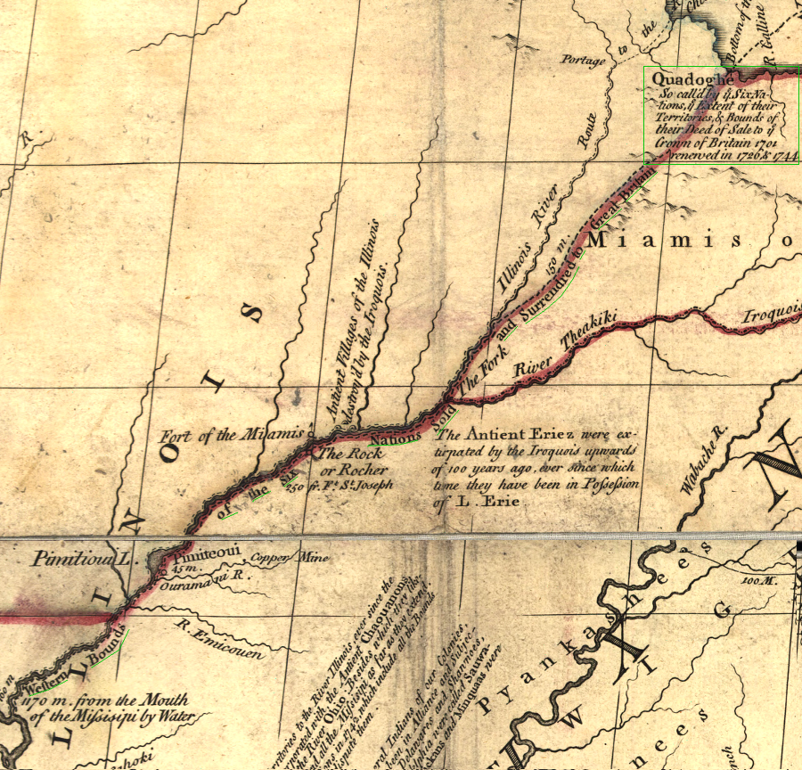 the British claim to territory of the Six Nations extended all the way to Lake Michigan (Quadoghe, now Chicago) and the Mississippi River