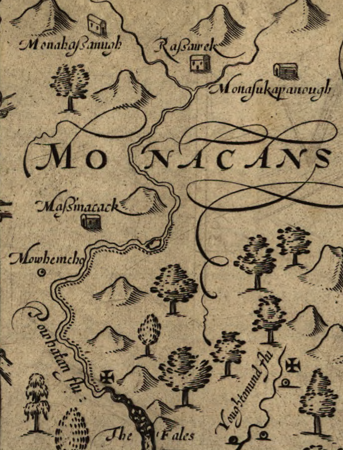 John Smith located five Monacan villages in the Piedmont upstream of the Fall Line of the James River: Monahassanugh, Rassawek, Mowhemencho, Monassukapanough, and Massinacack