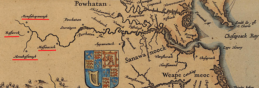 European mapmakers repeated the information acquired by early Jamestown colonists about four Monacan towns west of the Fall Line