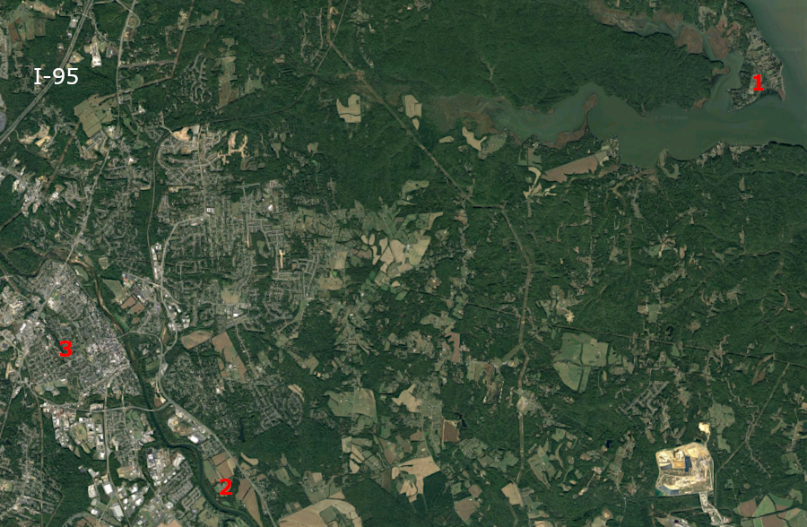 the Patawomeck once lived at Marlboro Point (1), and are developing a new tribal center at Duff Green Park (2) near Fredericksburg (3)